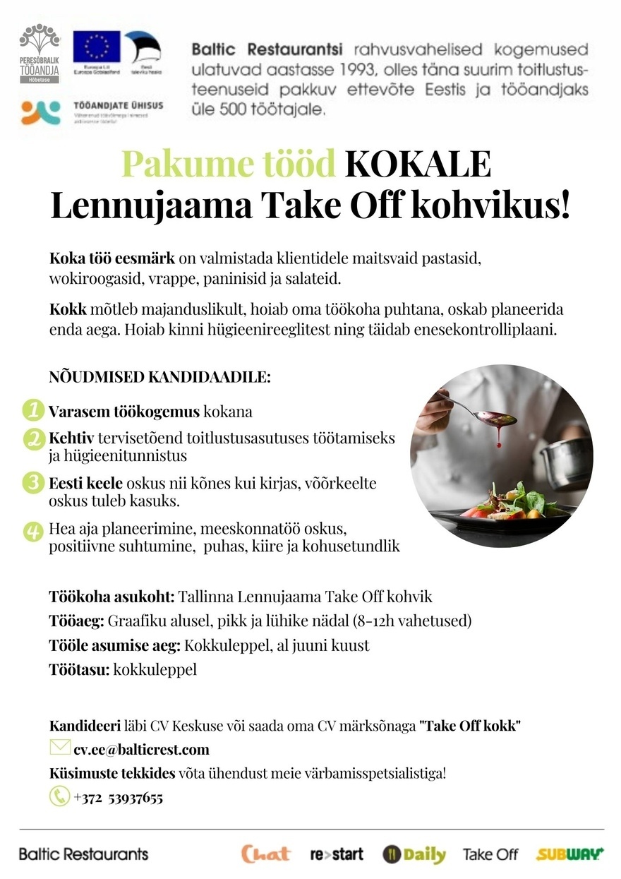 BALTIC RESTAURANTS ESTONIA AS KOKK Take Off kohvikusse Tallinna Lennujaama