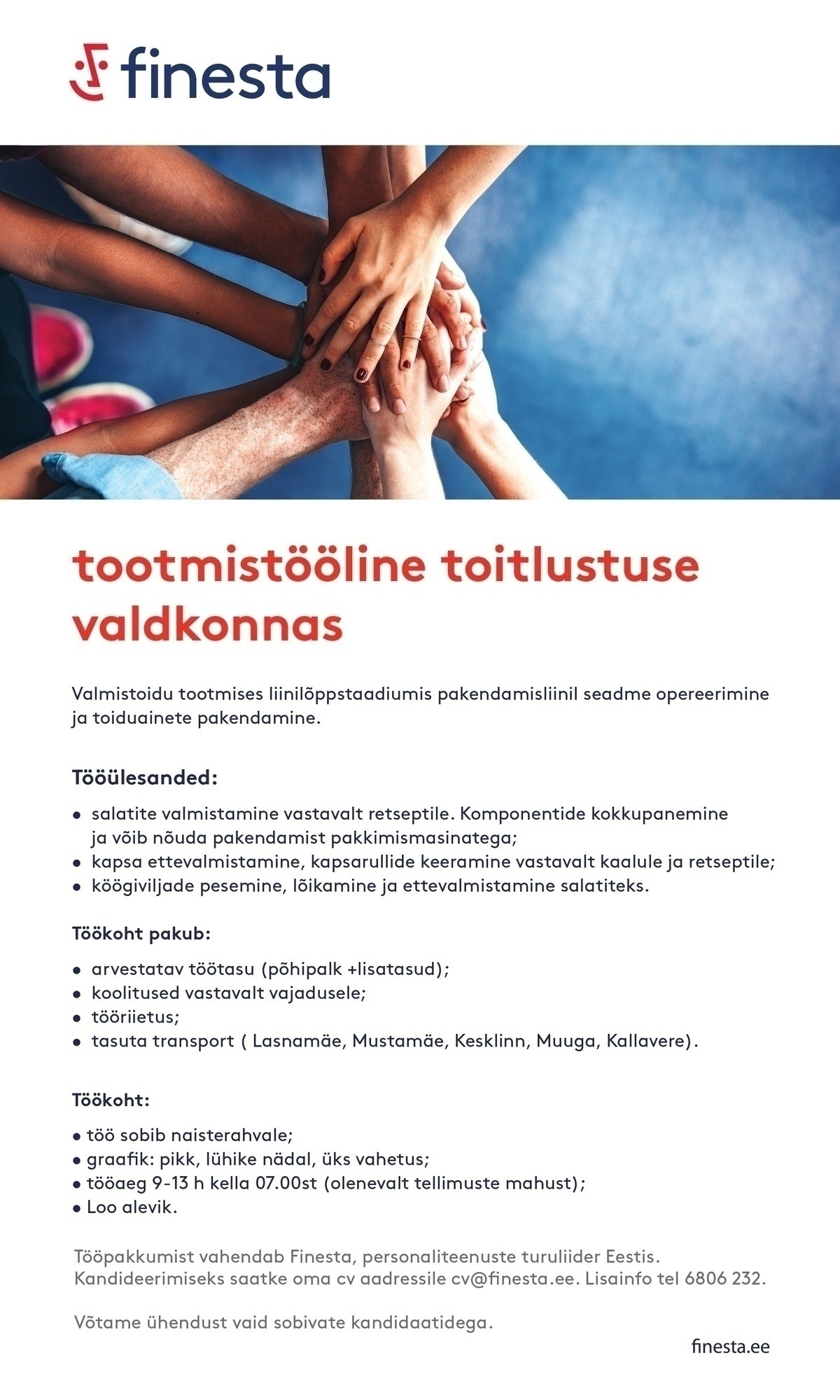 Finesta Baltic OÜ Tootmistööline toitlustuse valdkonnas