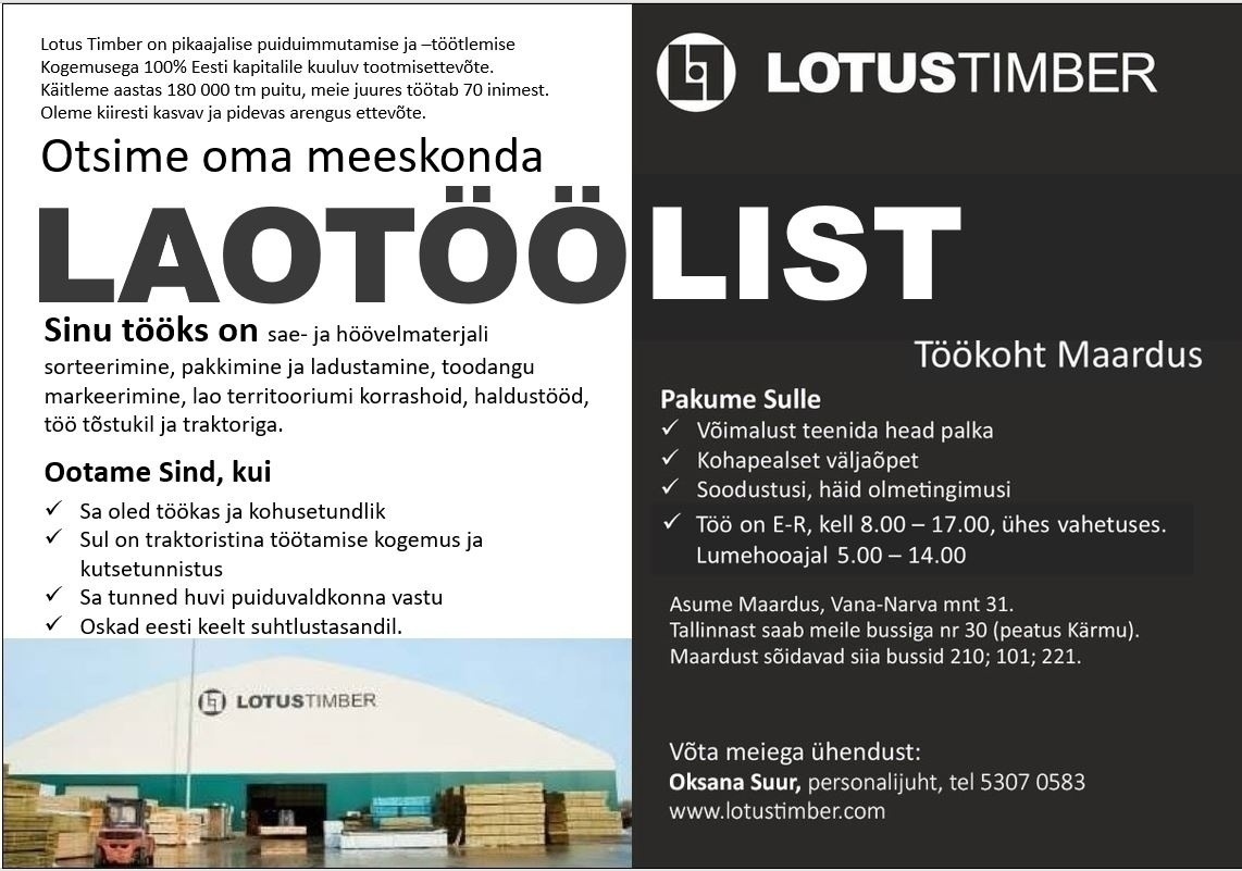 Lotus Timber OÜ Laotööline-traktorist