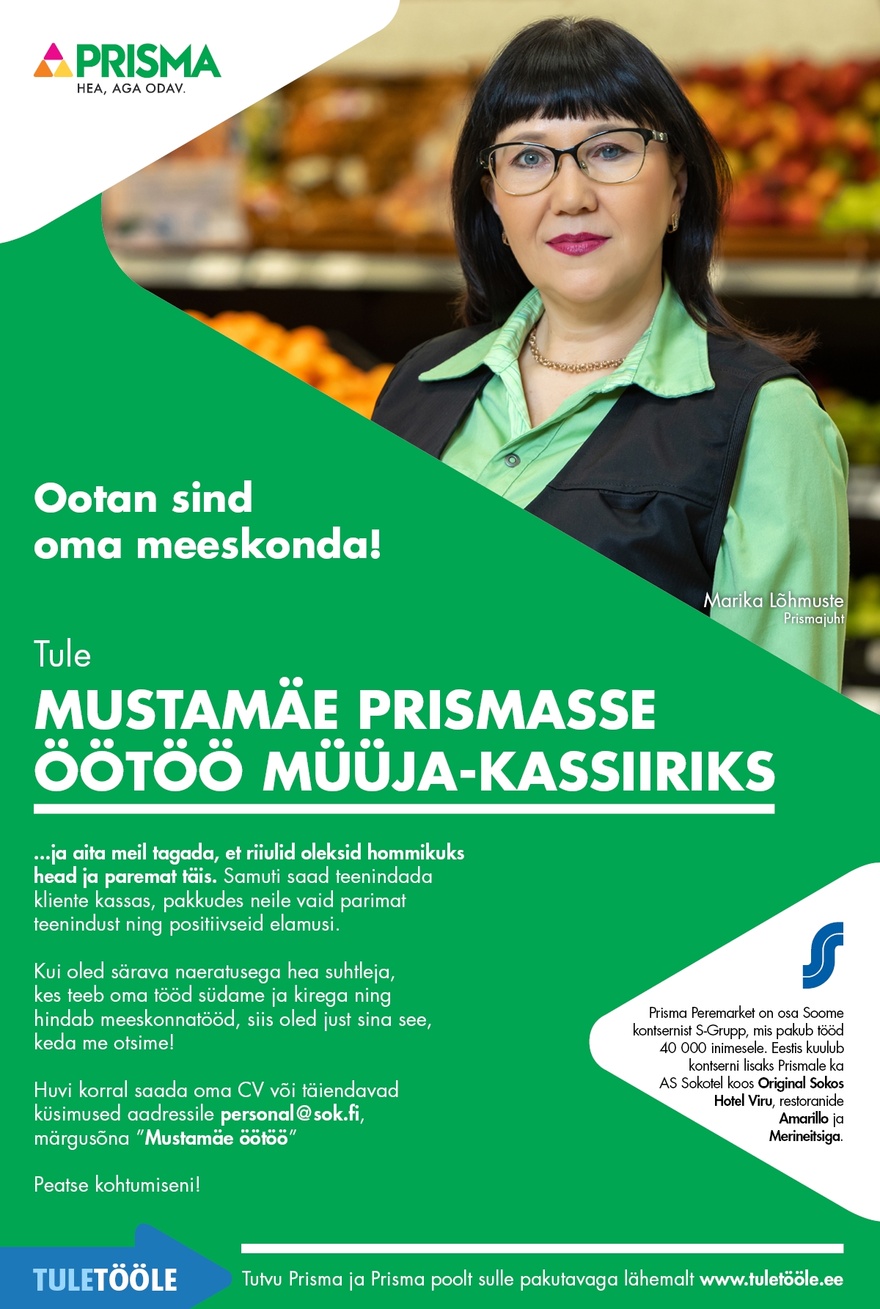 Prisma Peremarket AS Öötöö müüja-kassiir Mustamäe Prismas