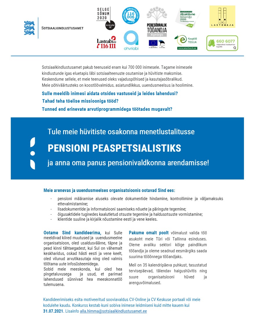 Sotsiaalkindlustusamet Peaspetsialist (pension) Tallinn