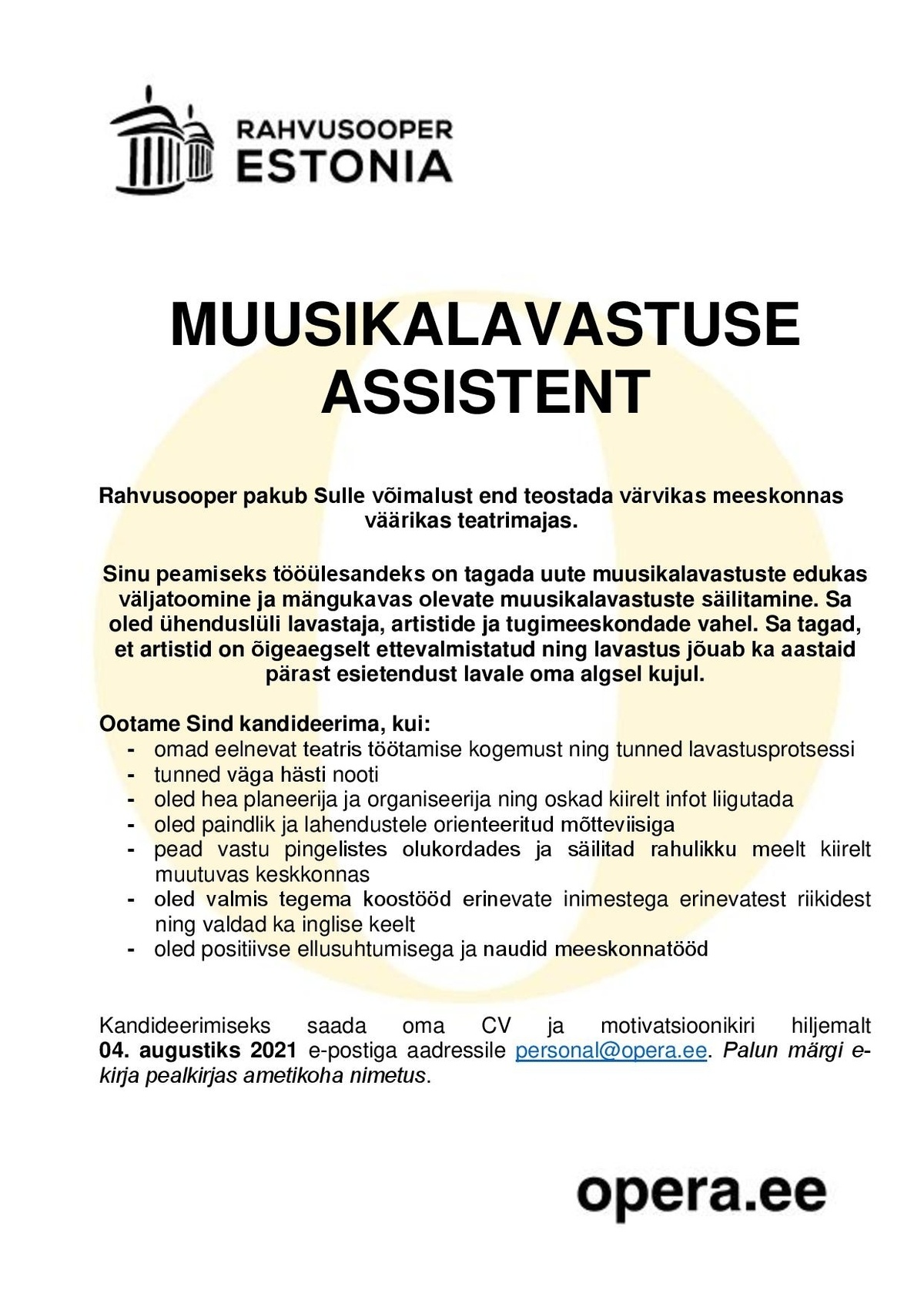 Rahvusooper Estonia Muusikalavastuse assistent