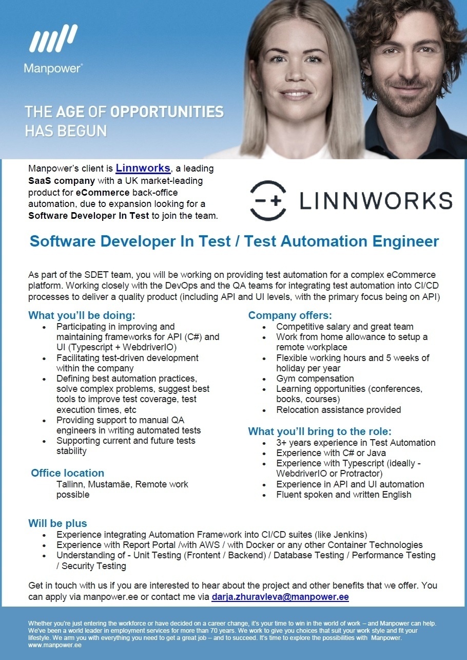 Manpower OÜ SOFTWARE DEVELOPER IN TEST / TEST AUTOMATION ENGINEER