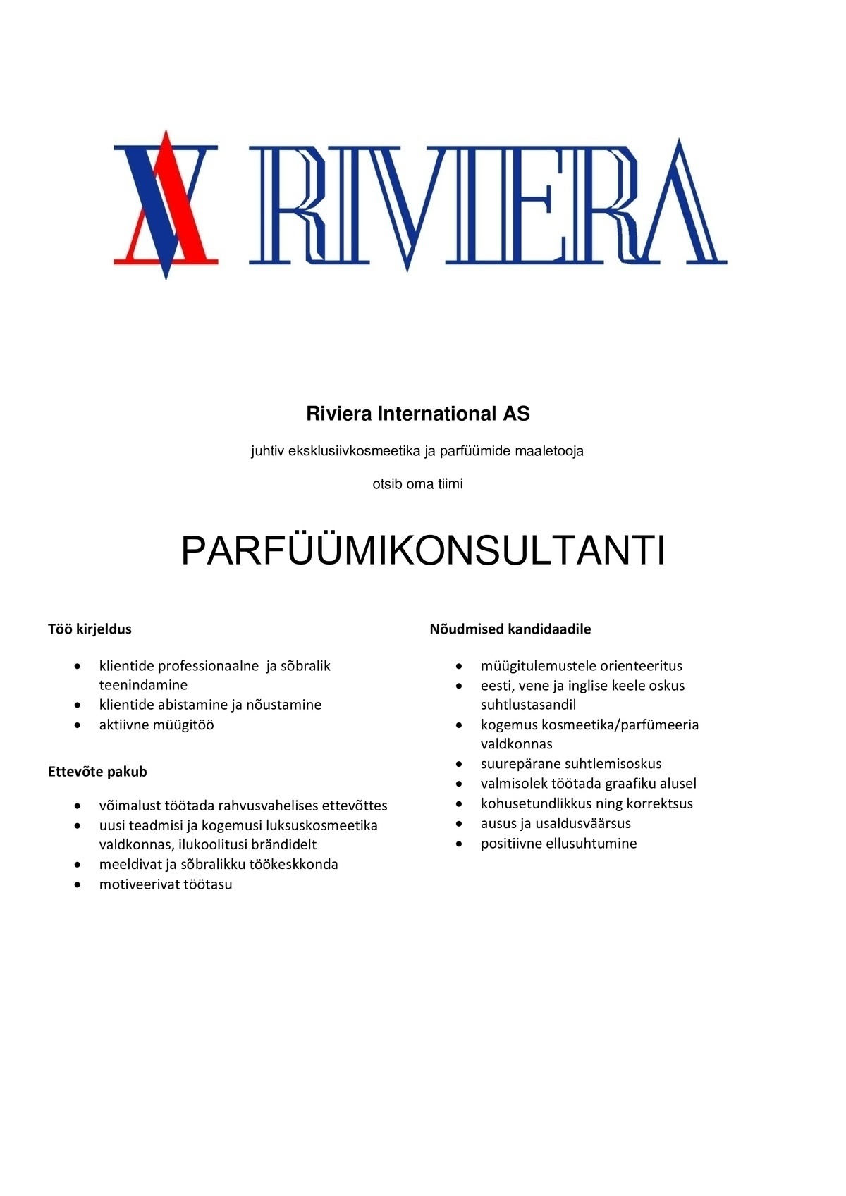 RIVIERA INTERNATIONAL AS Parfüümikonsultant