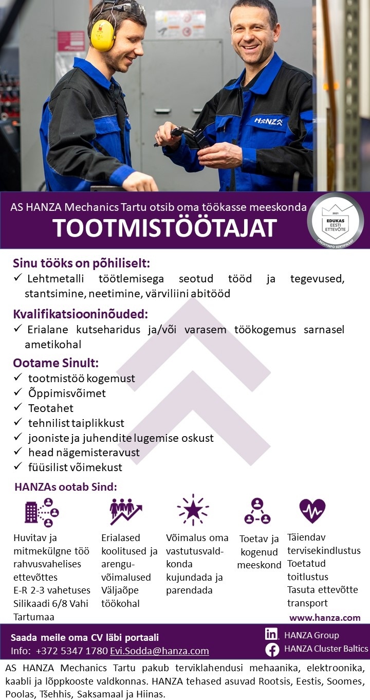 HANZA Mechanics Tartu AS Tootmistöötaja