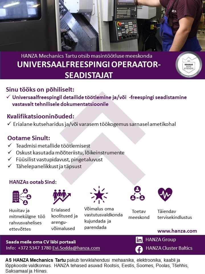 HANZA Mechanics Tartu AS Universaalfreespingi operaator-seadistaja