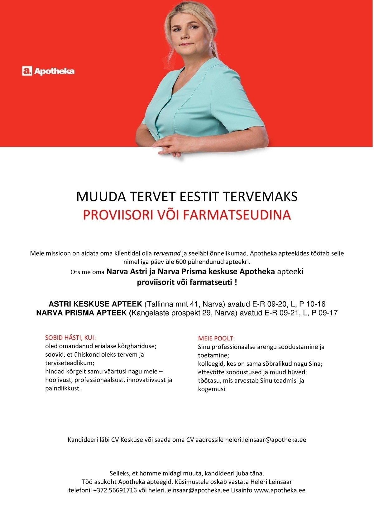 CV Keskus tööpakkumine Proviisor või farmatseut Narva Astri ja Prisma  Apothekasse, 2021-08-05