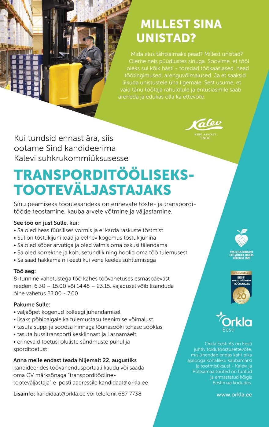 Orkla Eesti AS (Kalev ja Põltsamaa Felix) Transporditööline-tooteväljastaja