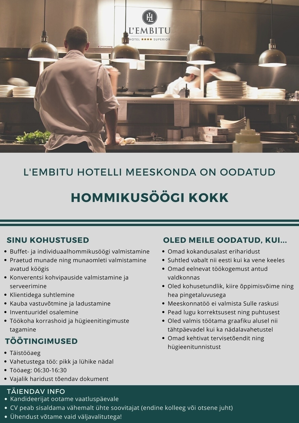 HOTEL L'EMBITU OÜ KOKK | HOMMIKUSÖÖK JA KONVERENTS