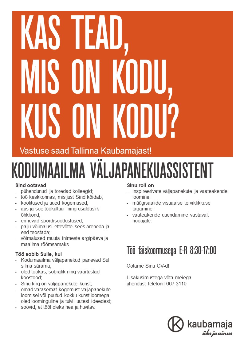 Kaubamaja Kodu- ja Toidumaailma väljapanekuassistent