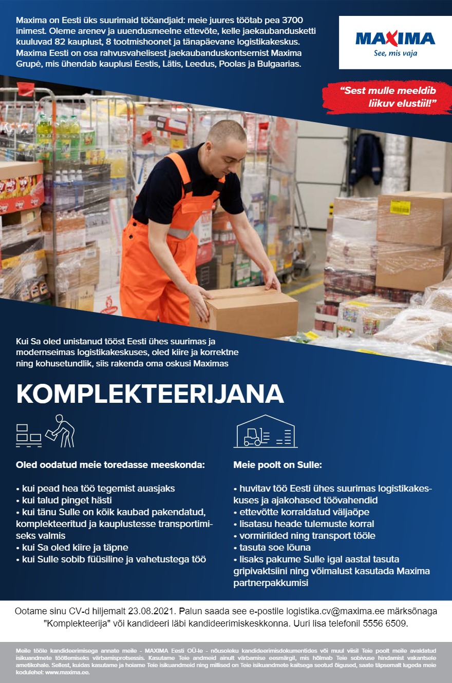 Maxima Eesti OÜ Komplekteerijad Maxima Logistikakeskuses