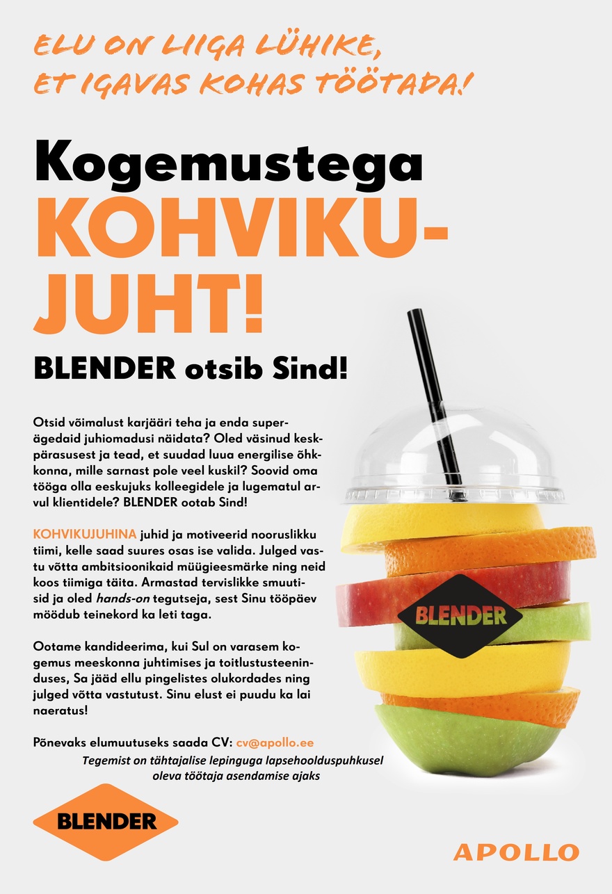 Apollo Kohvikud OÜ BLENDER otsib Sind, kogemustega KOHVIKUJUHT!