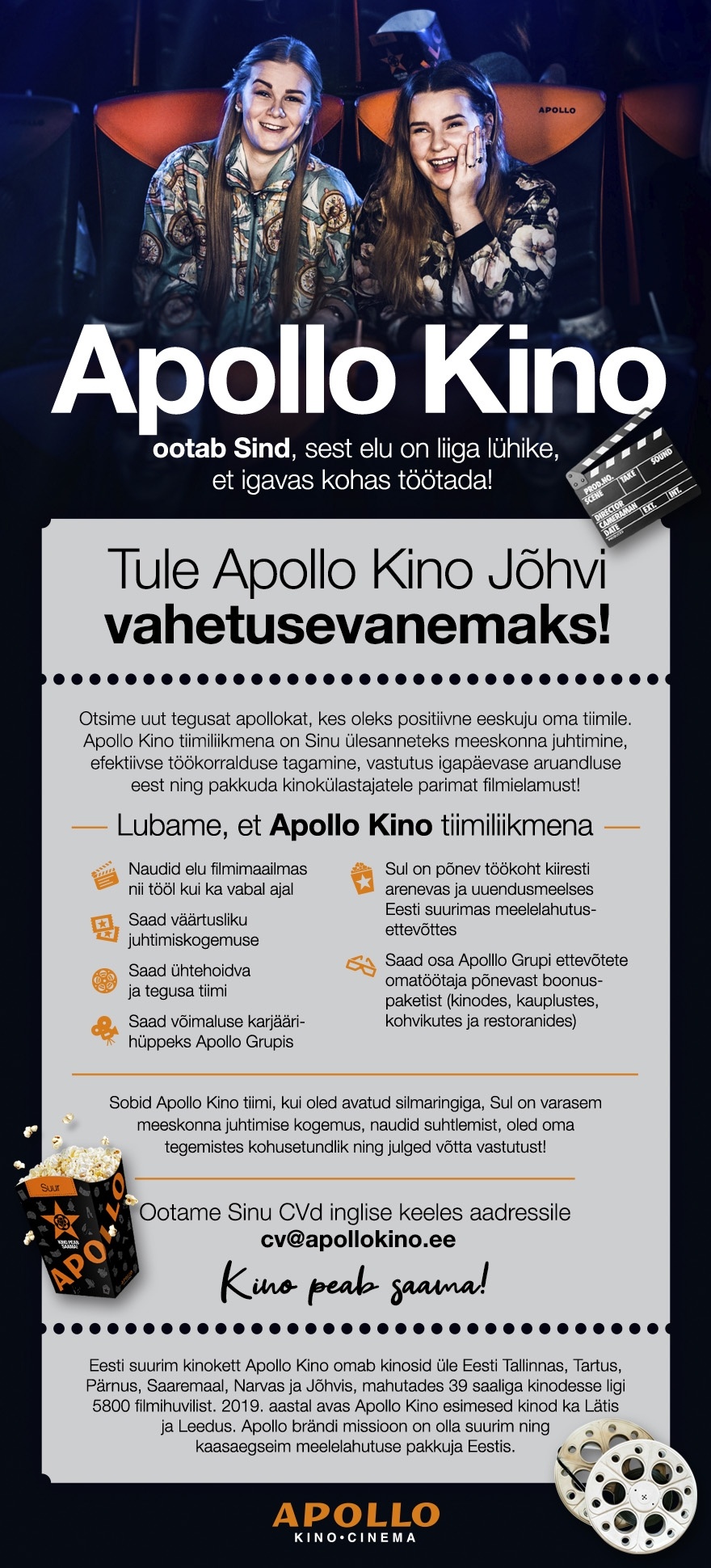 Apollo Group Apollo Kino Jõhvis kutsub tiimiga liituma VAHETUSEVANEMAT