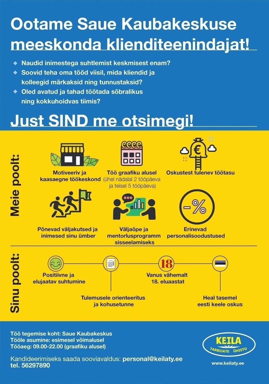 Keila Tarbijate Ühistu Klienditeenindaja Saue Kaubakeskusesse!