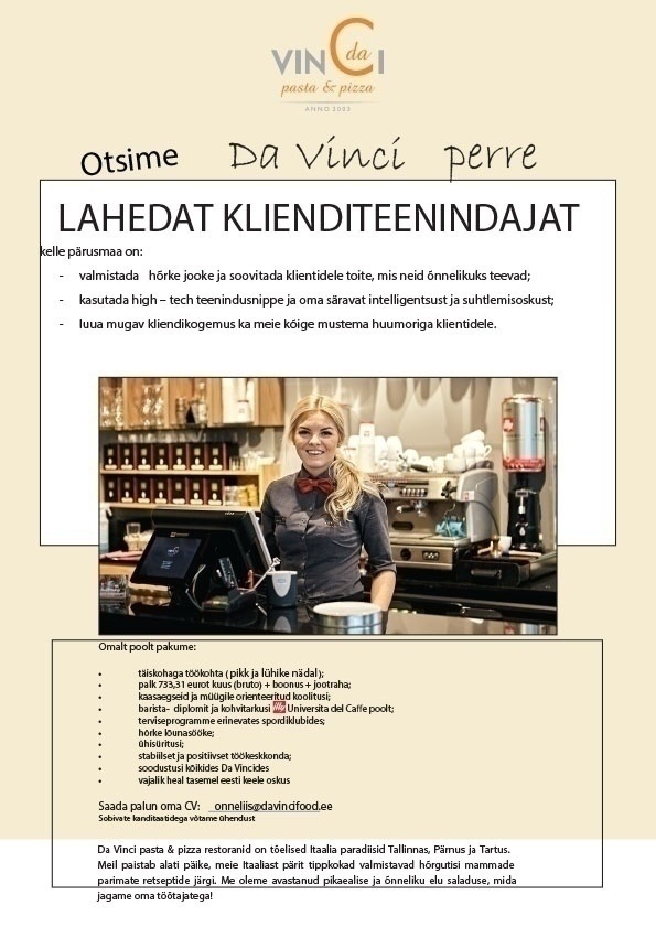 GELATO ITALIANO OÜ Klienditeenindaja (Kristiine keskuse Da Vinci restoran)