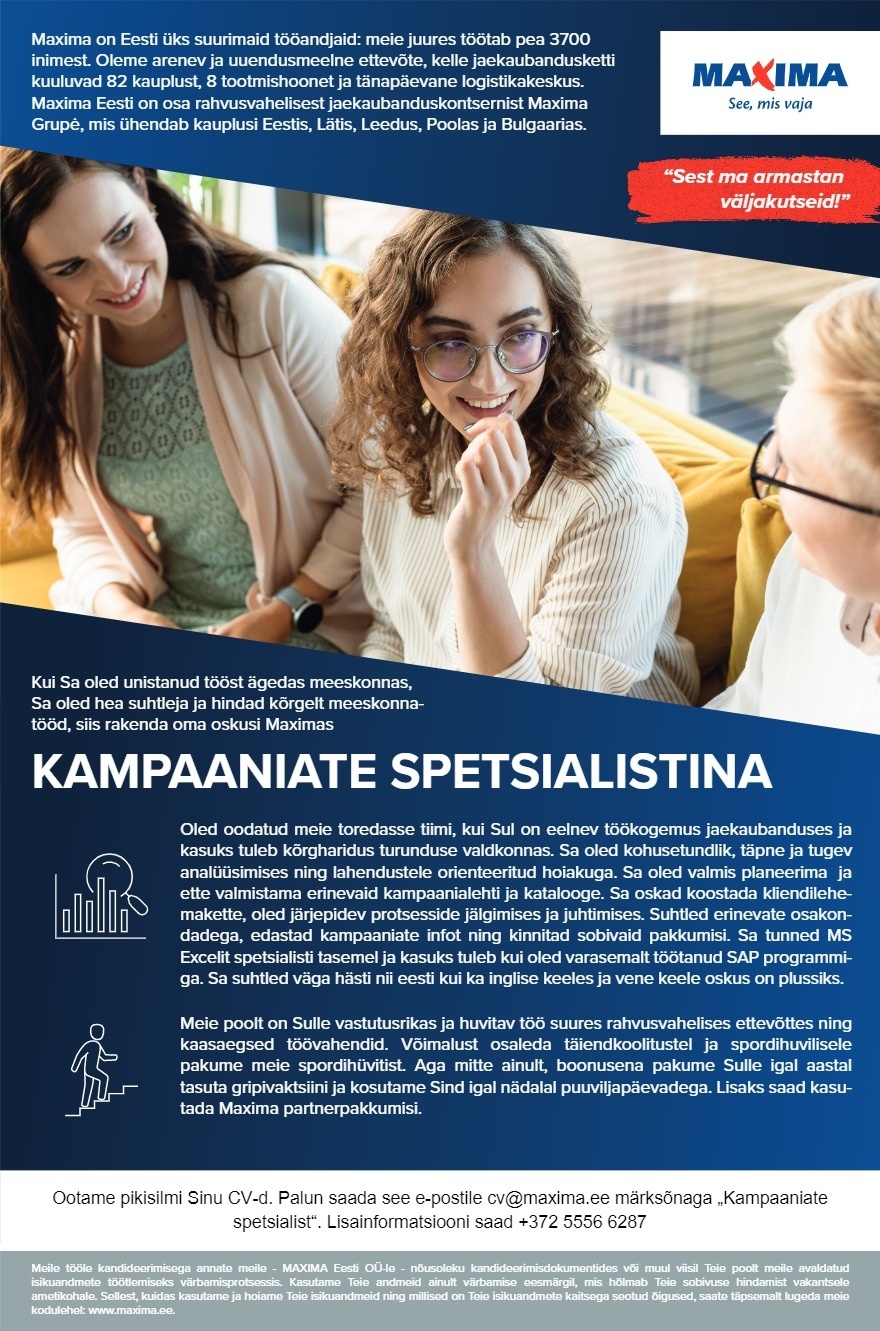 Maxima Eesti OÜ Kampaaniate spetsialist