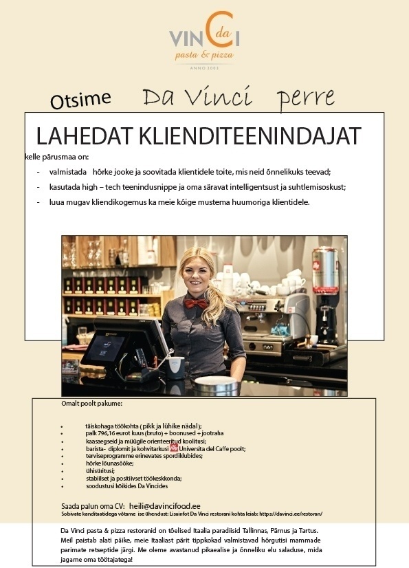 GELATO ITALIANO OÜ Klienditeenindaja (Järve keskuse Da Vinci restoran)