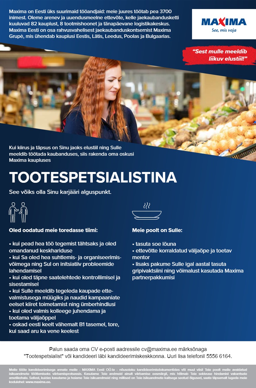 Maxima Eesti OÜ Tootespetsialist Tartu Maximasse (Turu 14)