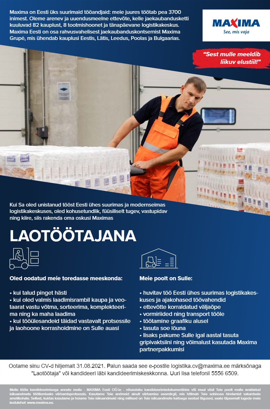 Maxima Eesti OÜ Laotöötajad Maxima Logistikakeskuses