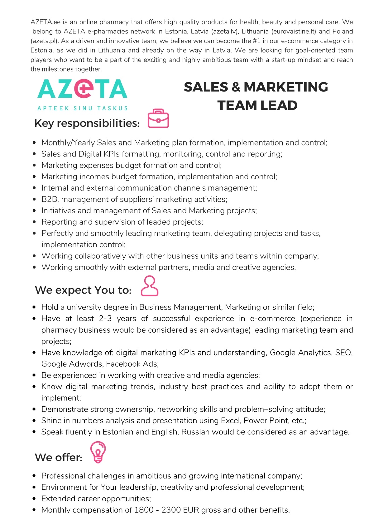 Azeta OÜ Sales and Marketing Team Lead