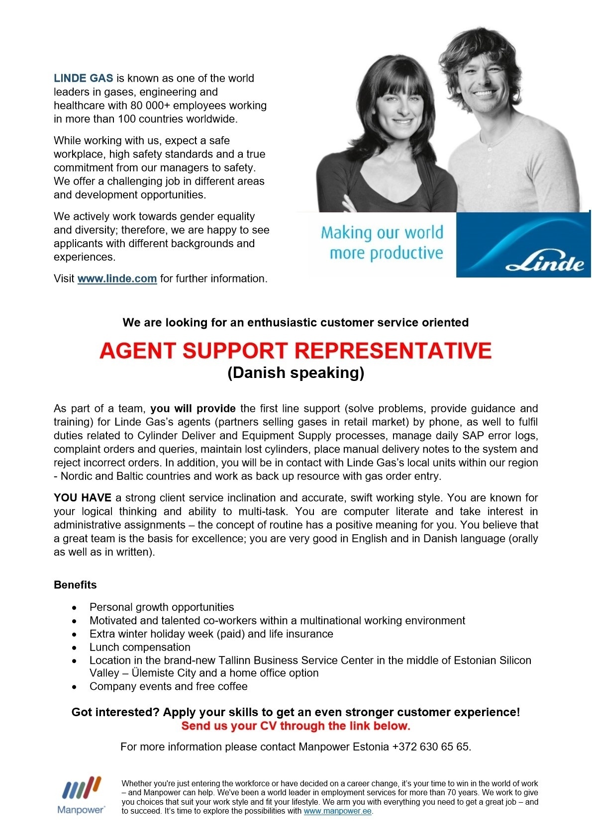 Manpower OÜ DANISH SPEAKING AGENT SUPPORT REPRESENTATIVE