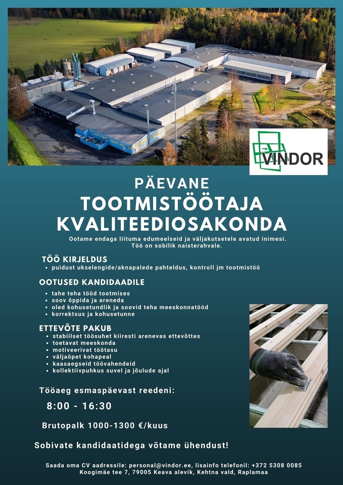 VINDOR OÜ Tootmistöötaja kvaliteediosakonda (päevane)