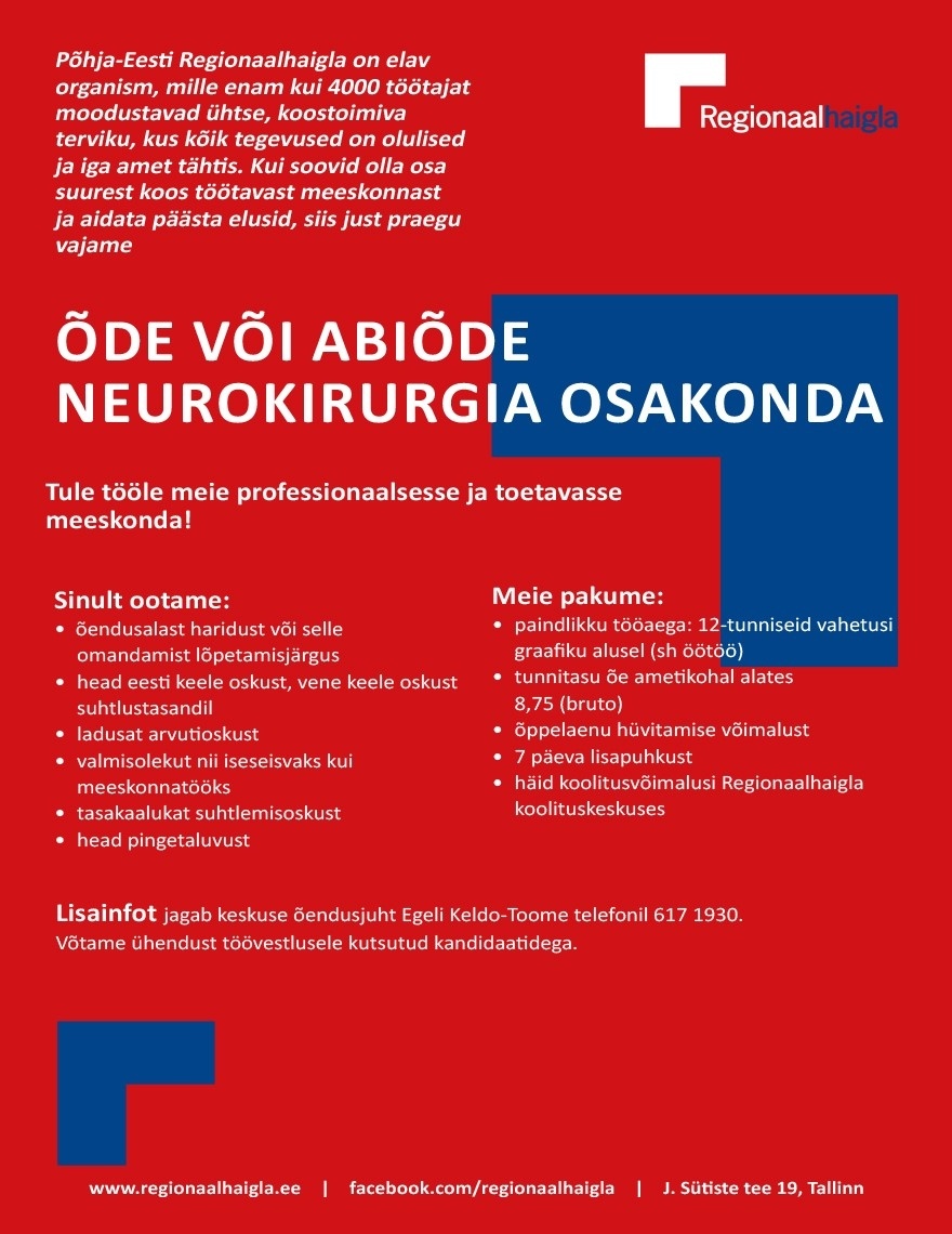 Põhja-Eesti Regionaalhaigla SA Õde/abiõde neurokirurgia osakonda