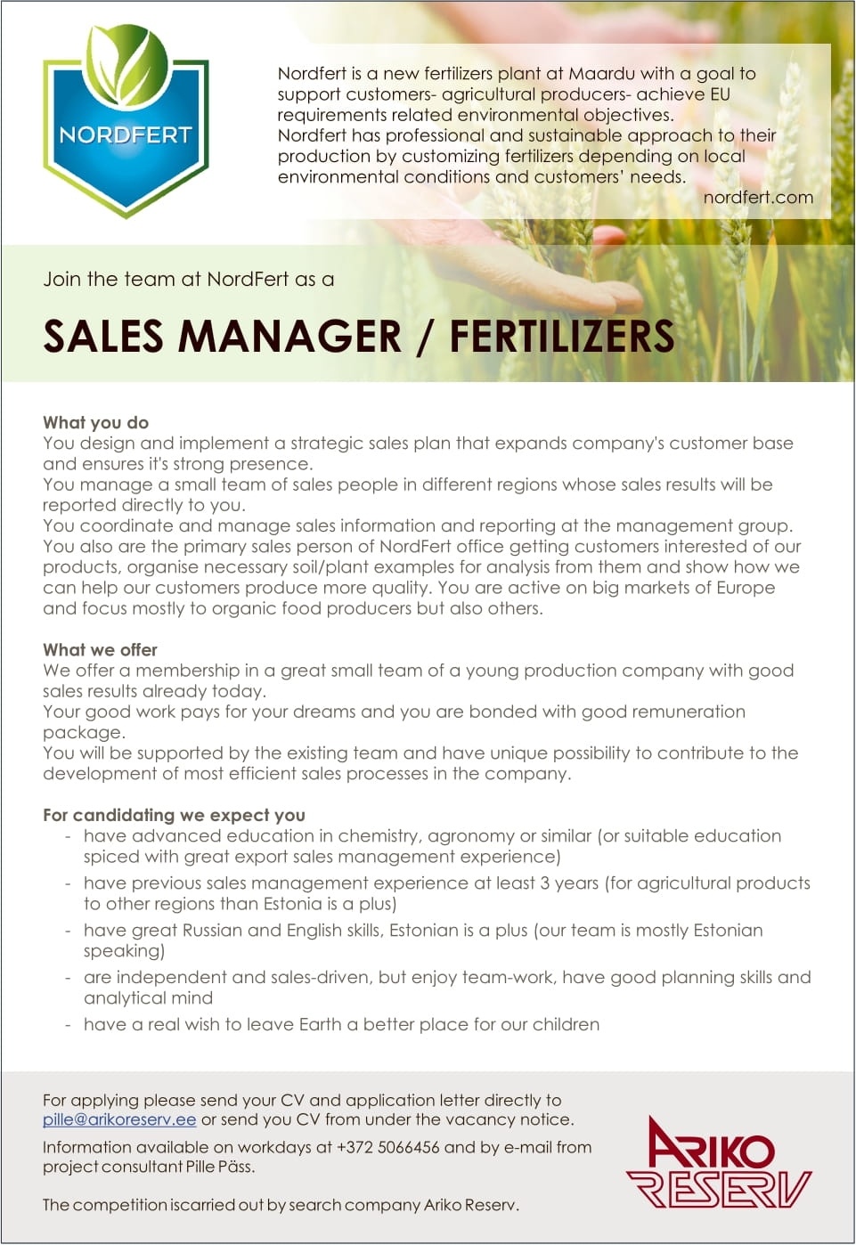 Ariko Reserv OÜ SALES MANAGER / FERTILIZERS