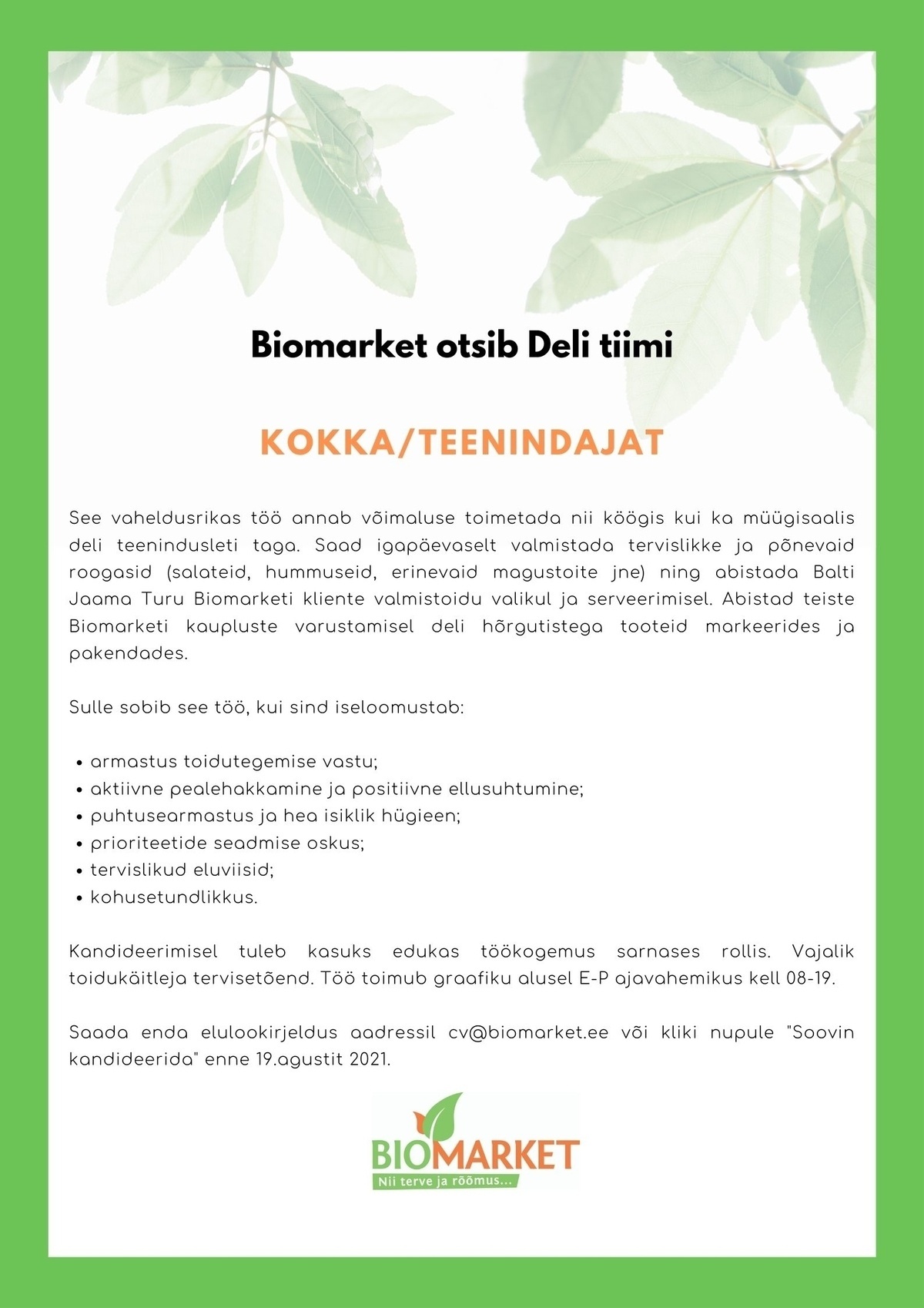 BIOMARKET OÜ KOKK-TEENINDAJA