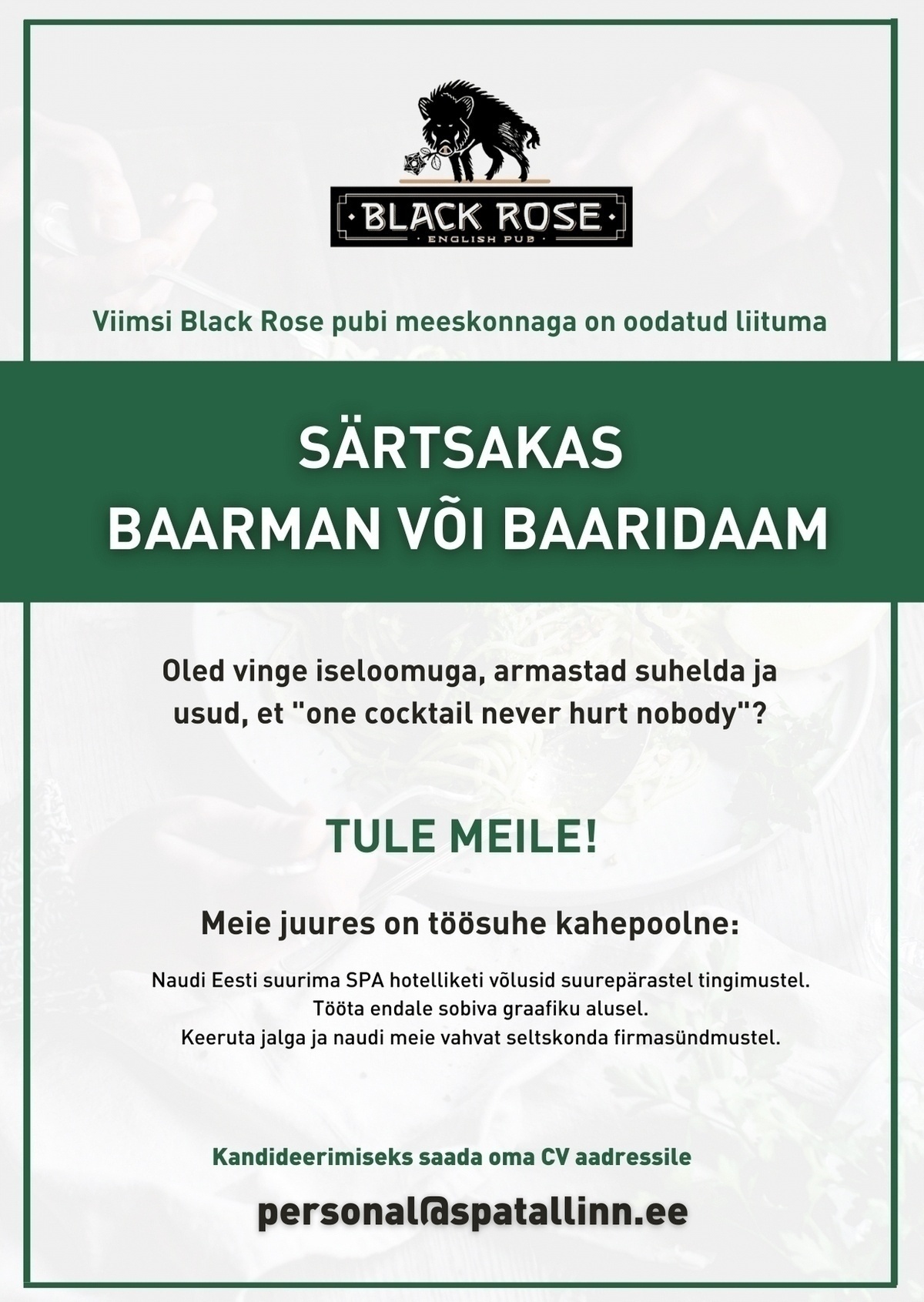 SPA Tours OÜ Viimsi Black Rose Pubi baaridaam / baarman