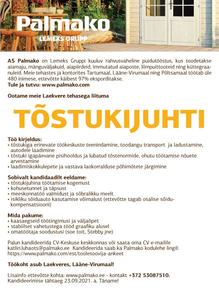 Palmako AS Tõstukijuht (LAEKVERE TEHAS)