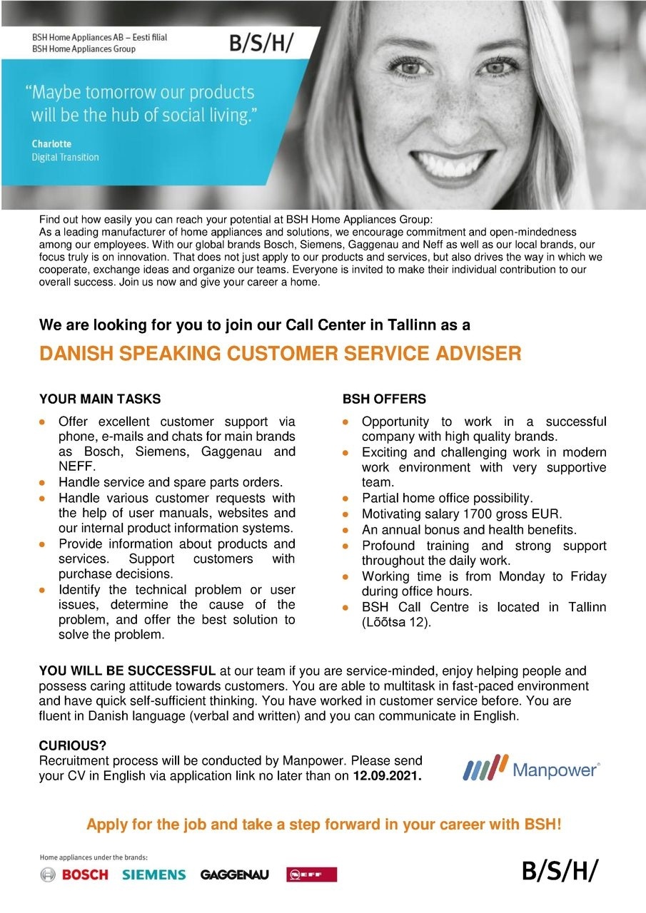 Manpower OÜ DANISH SPEAKING CUSTOMER SERVICE ADVISER