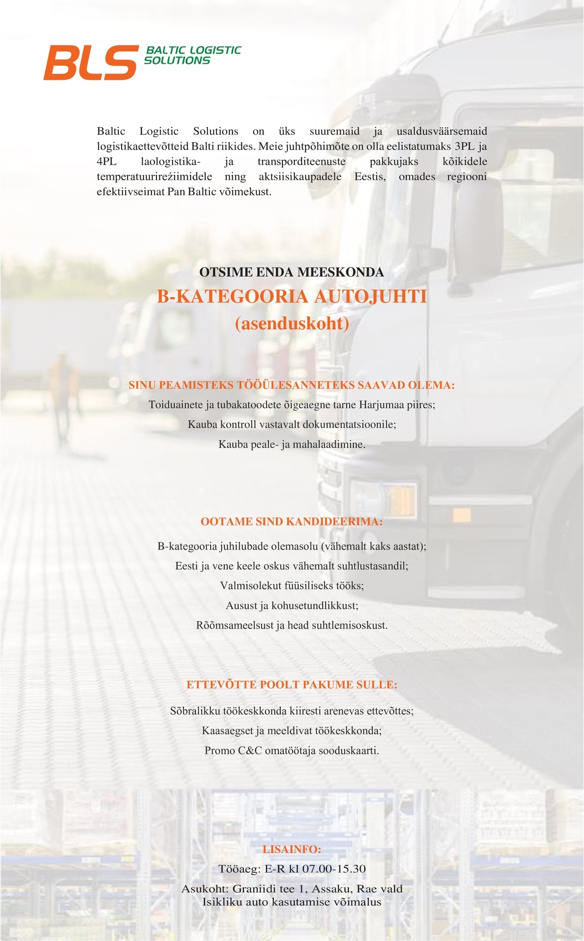 BALTIC LOGISTIC SOLUTIONS OÜ B-KATEGOORIA AUTOJUHT (Asenduskoht)