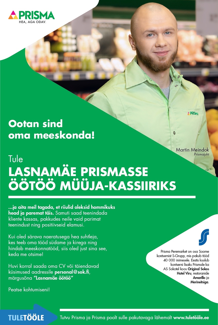 Prisma Peremarket AS Öötöö müüja-kassiir Lasnamäe Prismas