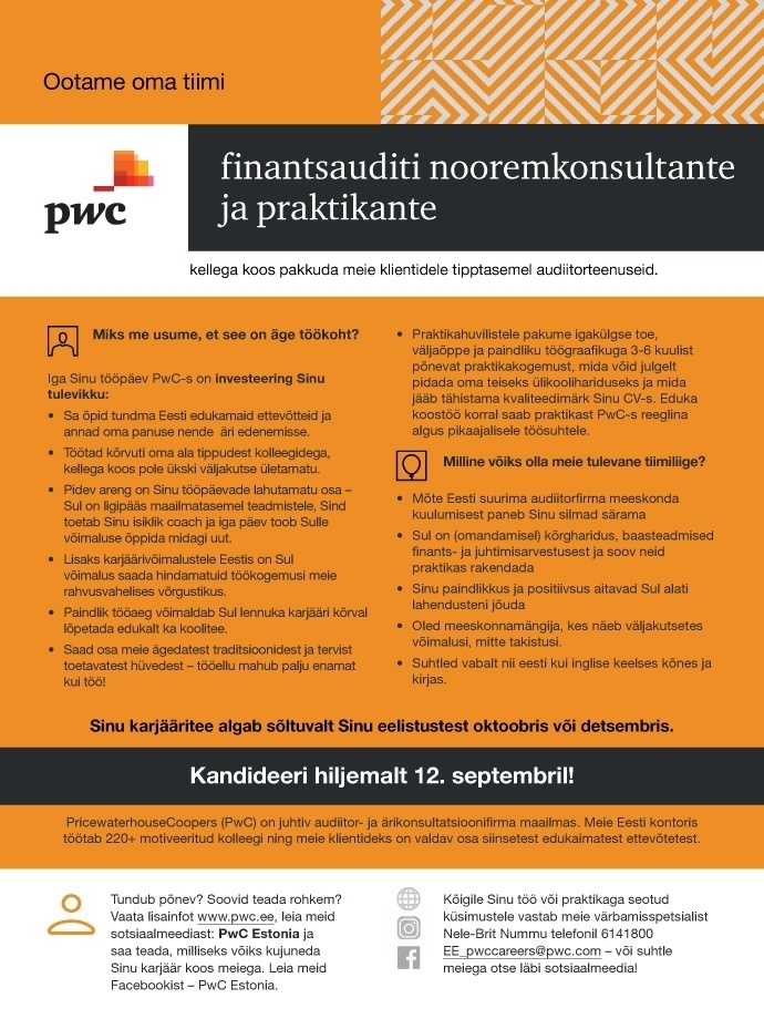 PricewaterhouseCoopers AS PwC finantsauditi nooremkonsultant ja praktikant