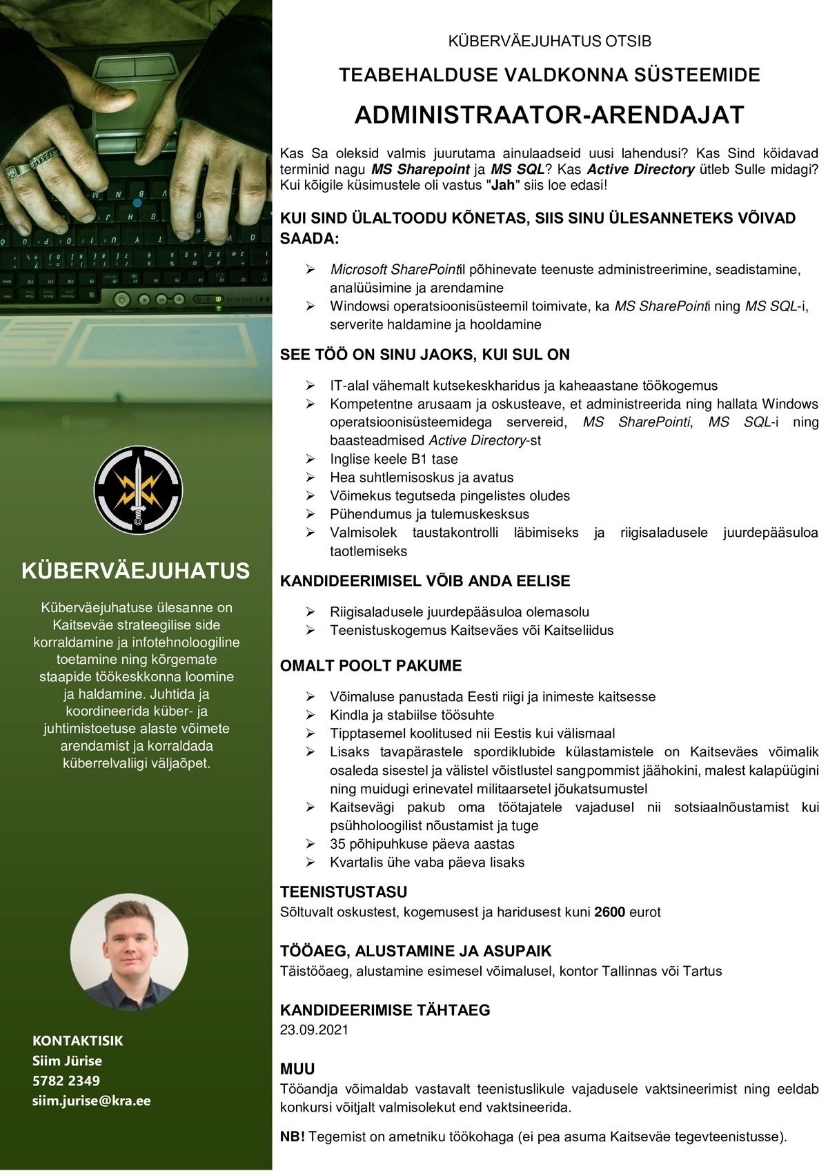 Küberväejuhatus ADMINISTRAATOR-ARENDAJA