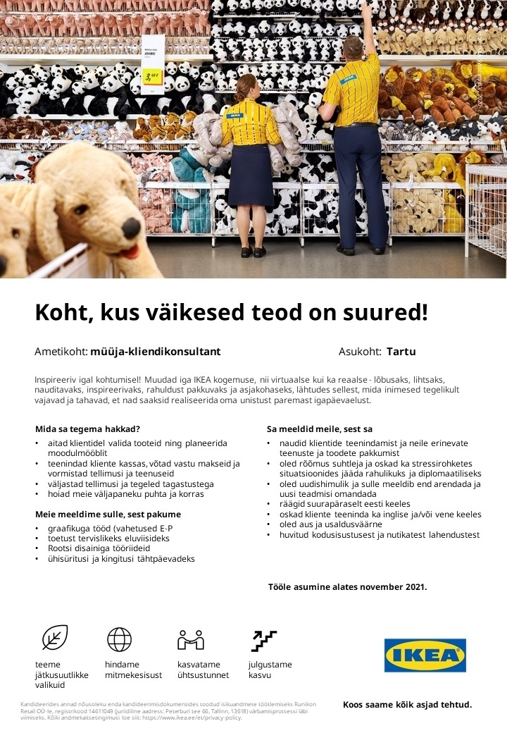 Runikon Retail OÜ (IKEA Estonia) Müüja-kliendikonsultant