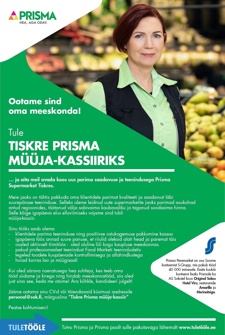 Prisma Peremarket AS Müüja-kassiir Tiskre Prismas