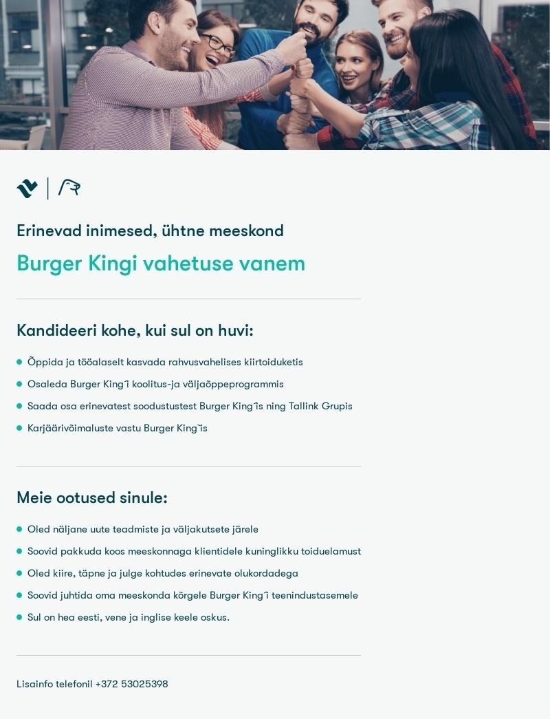 Tallink Grupp AS Burger King vahetusevanem lasnamäe restorani
