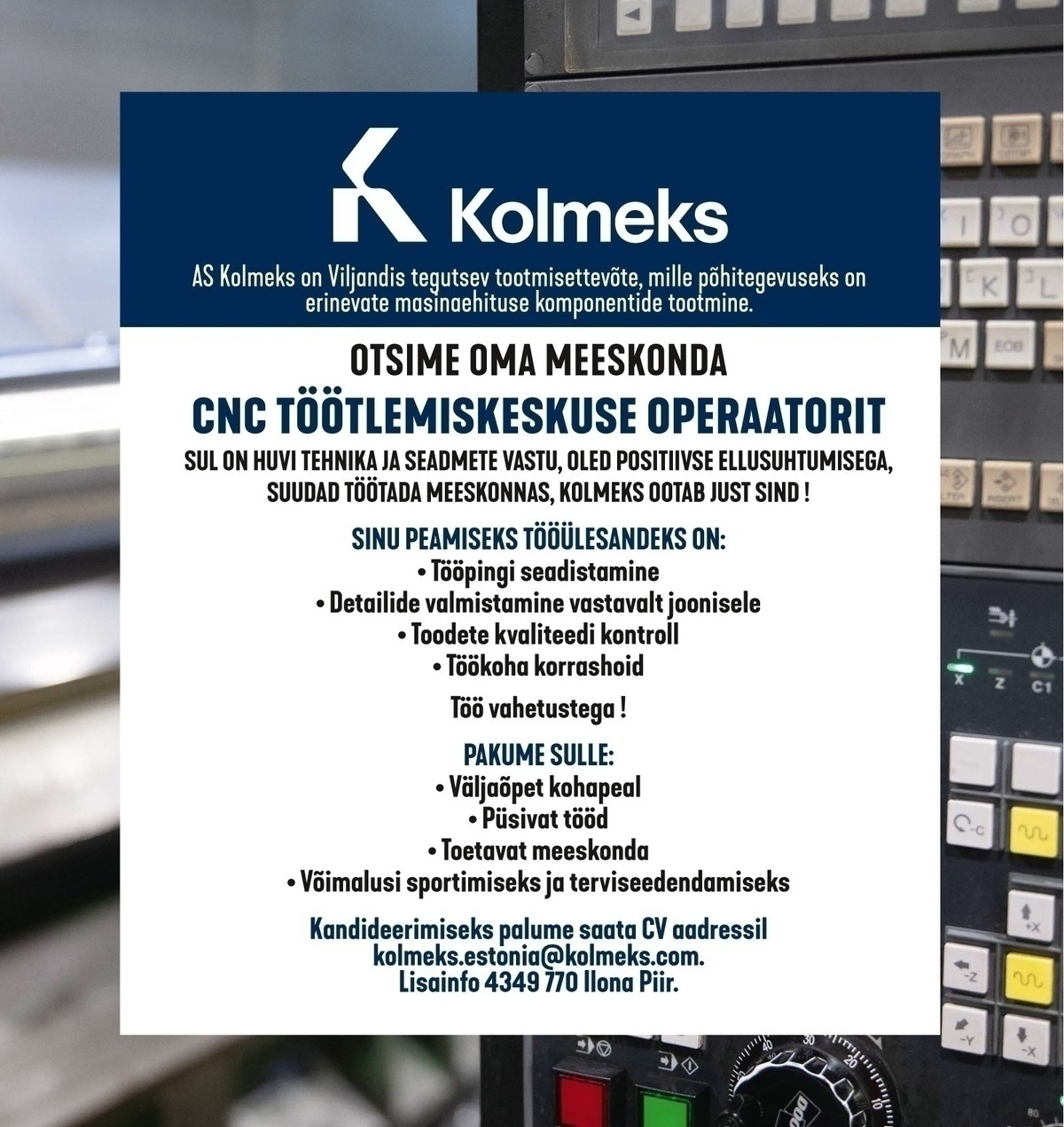 Kolmeks AS CNC-töötlemiskeskuse operaator