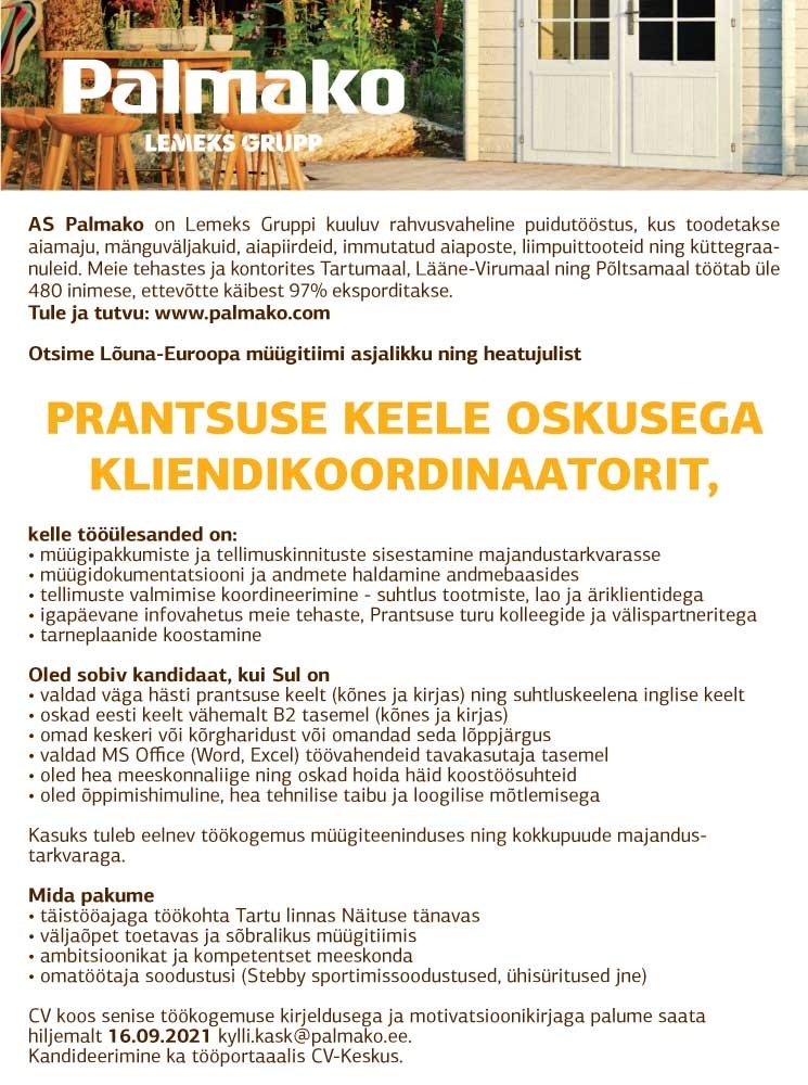 Palmako AS Kliendikoordinaator PRANTSUSE KEELE OSKUSEGA