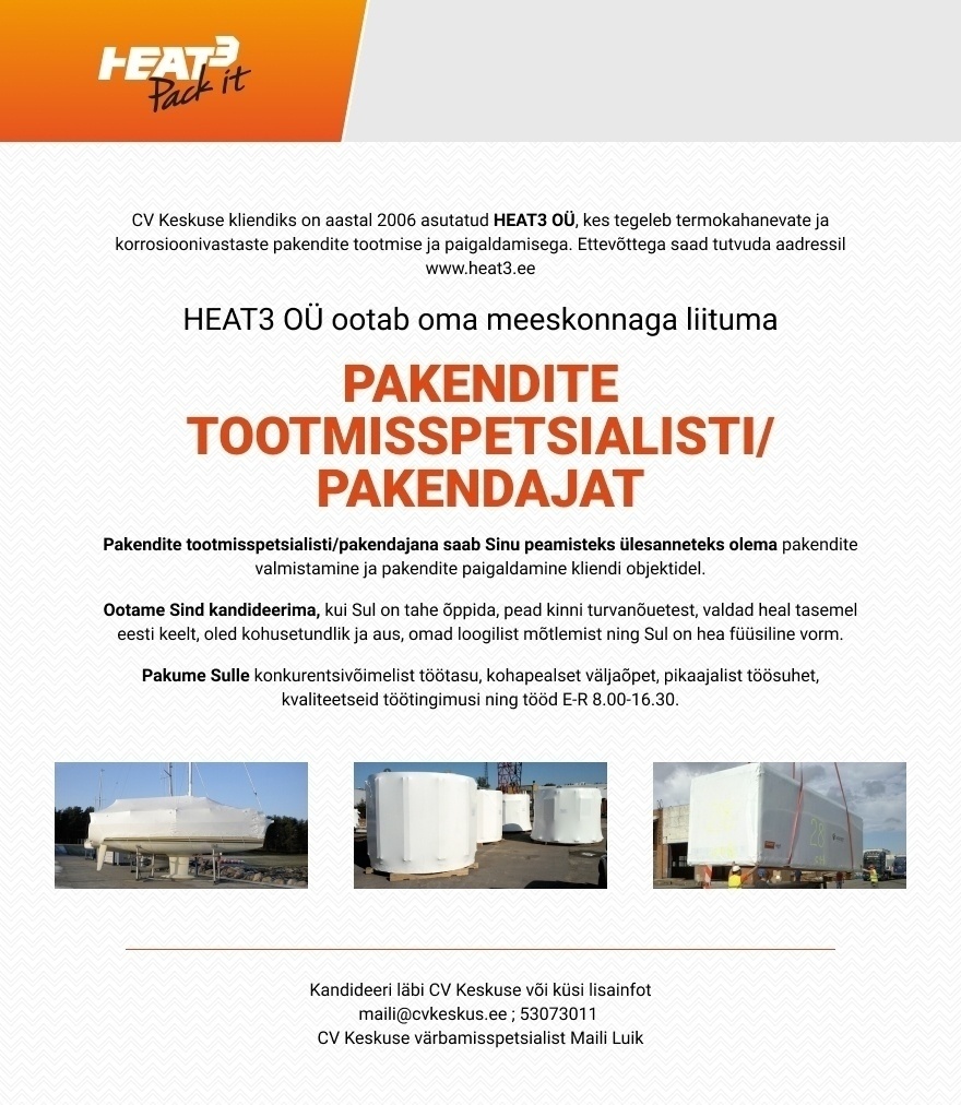 HEAT3 OÜ PAKENDITE TOOTMISSPETSIALIST/ PAKENDAJA