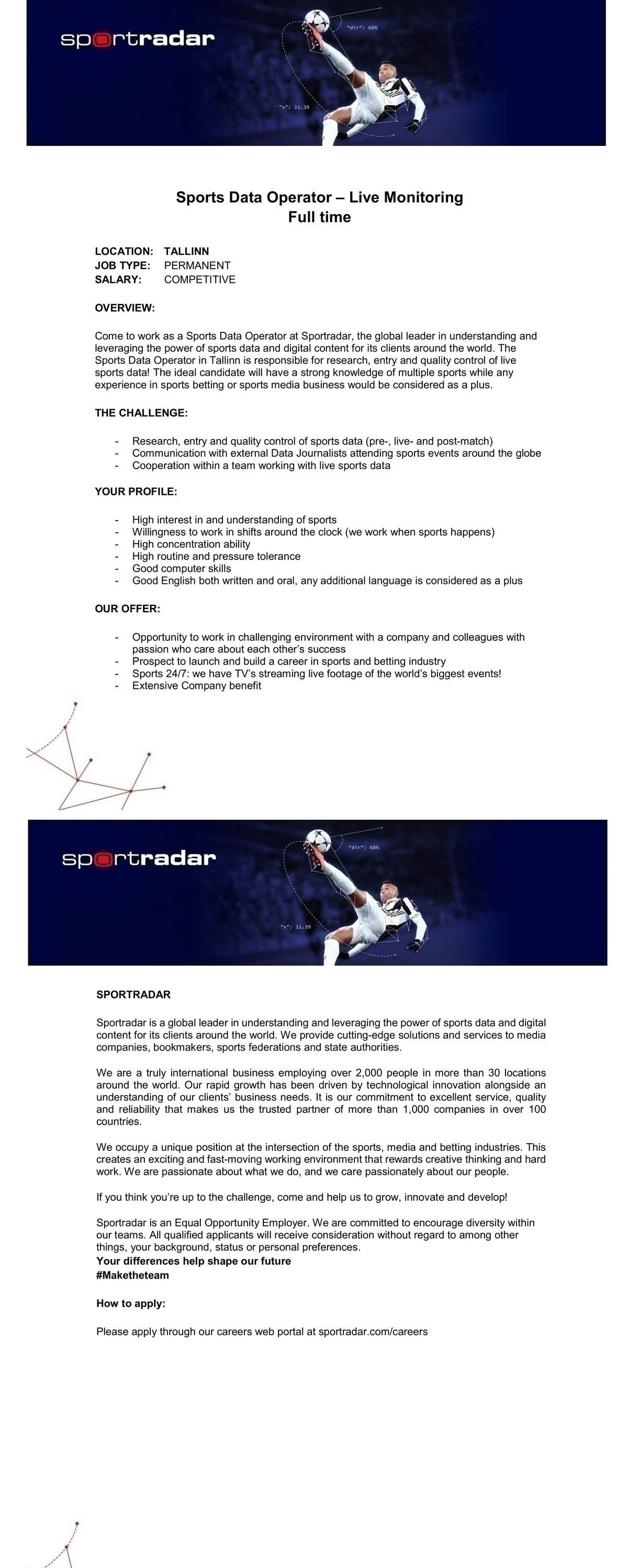 Sportradar OÜ Sports Data Operator – Live Monitoring Full time