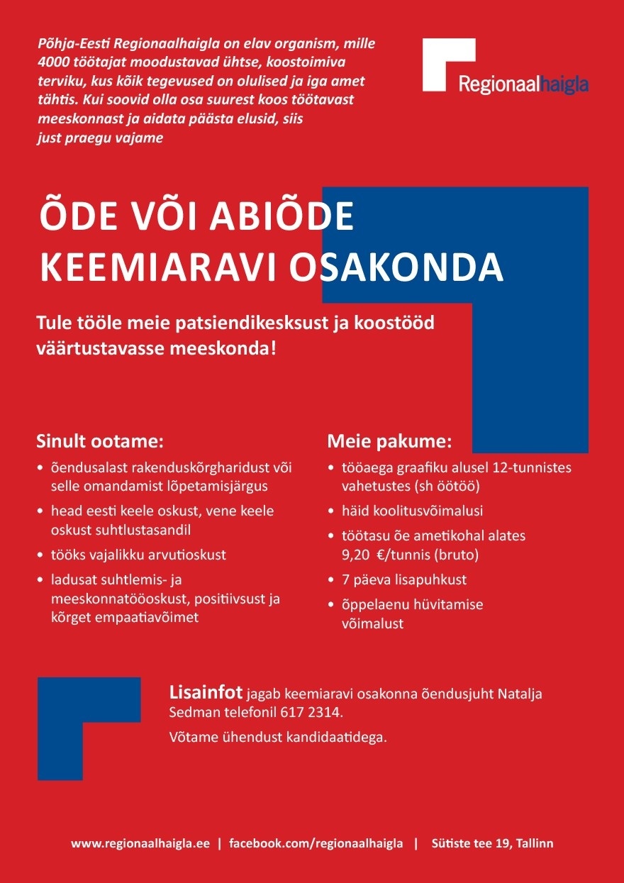 Põhja-Eesti Regionaalhaigla SA Õde/abiõde keemiaravi osakonda