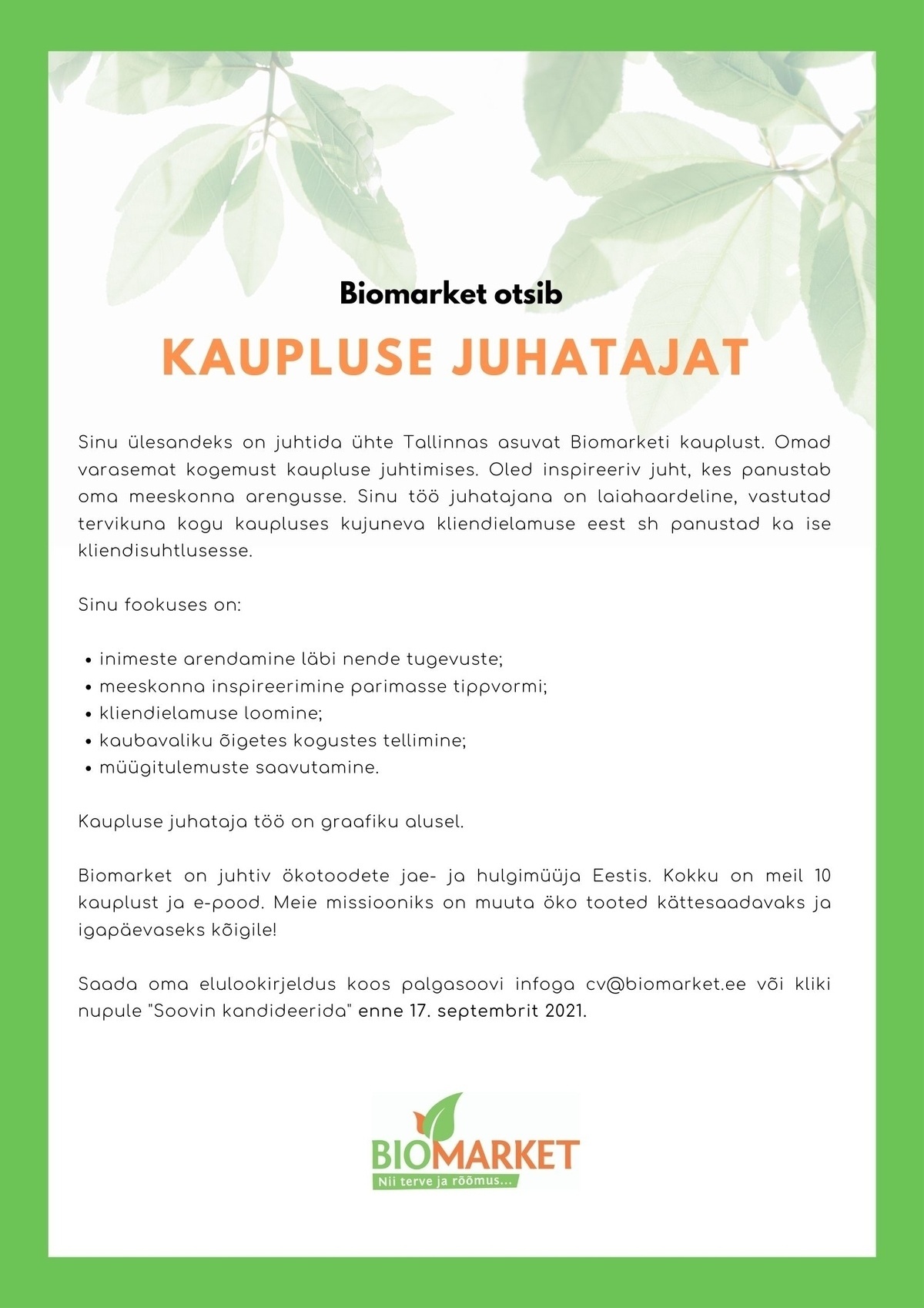 BIOMARKET OÜ KAUPLUSE JUHATAJA