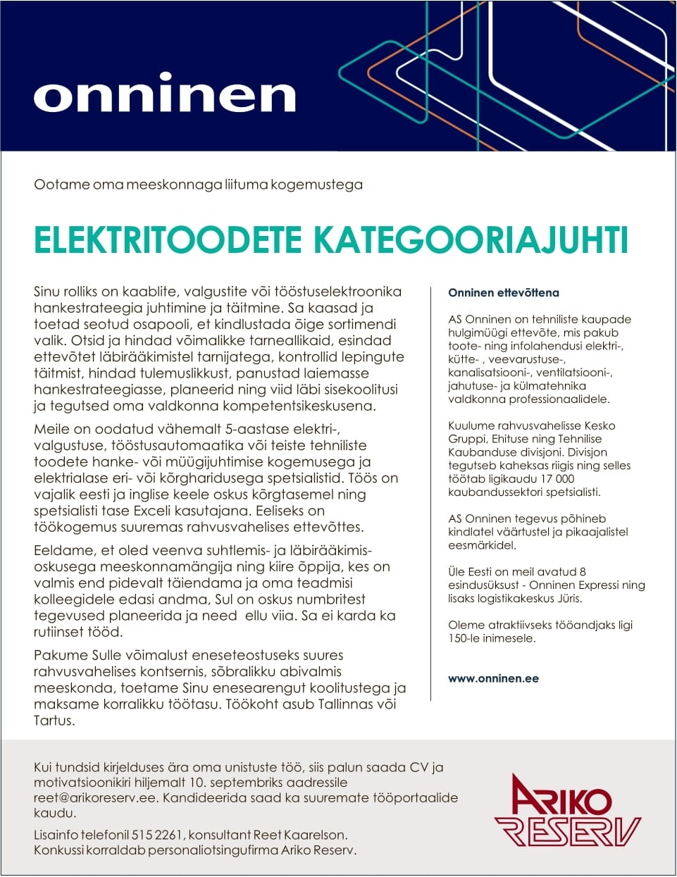 Onninen AS ELEKTRITOODETE KATEGOORIAJUHT