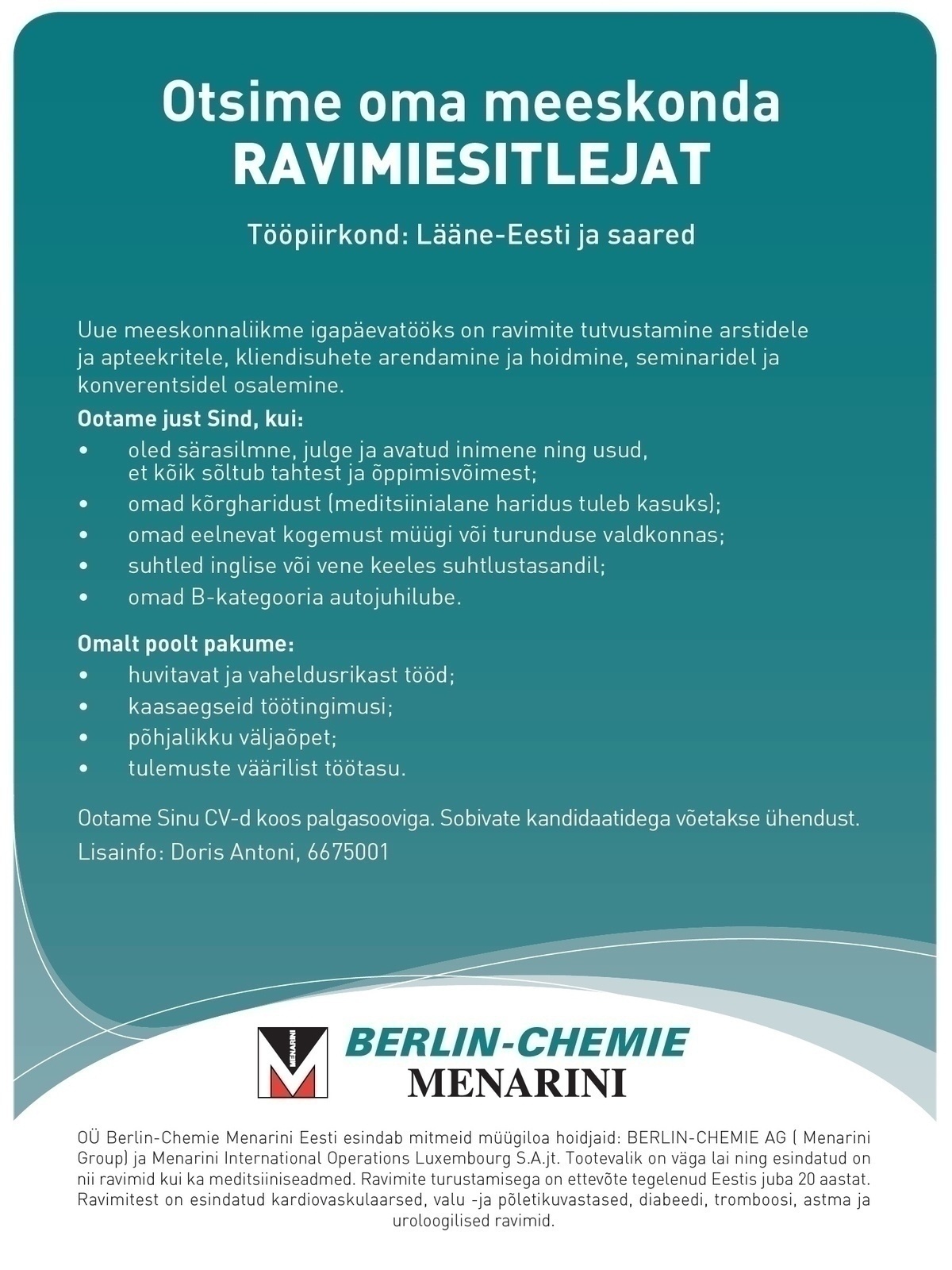 Berlin-Chemie Menarini Eesti OÜ Ravimiesitleja (Lääne-Eesti ja saared)