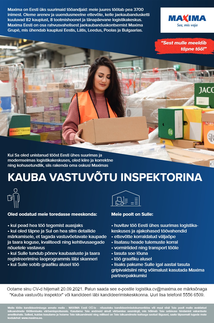 Maxima Eesti OÜ Kauba vastuvõtu inspektor Maxima Logistikakeskuses