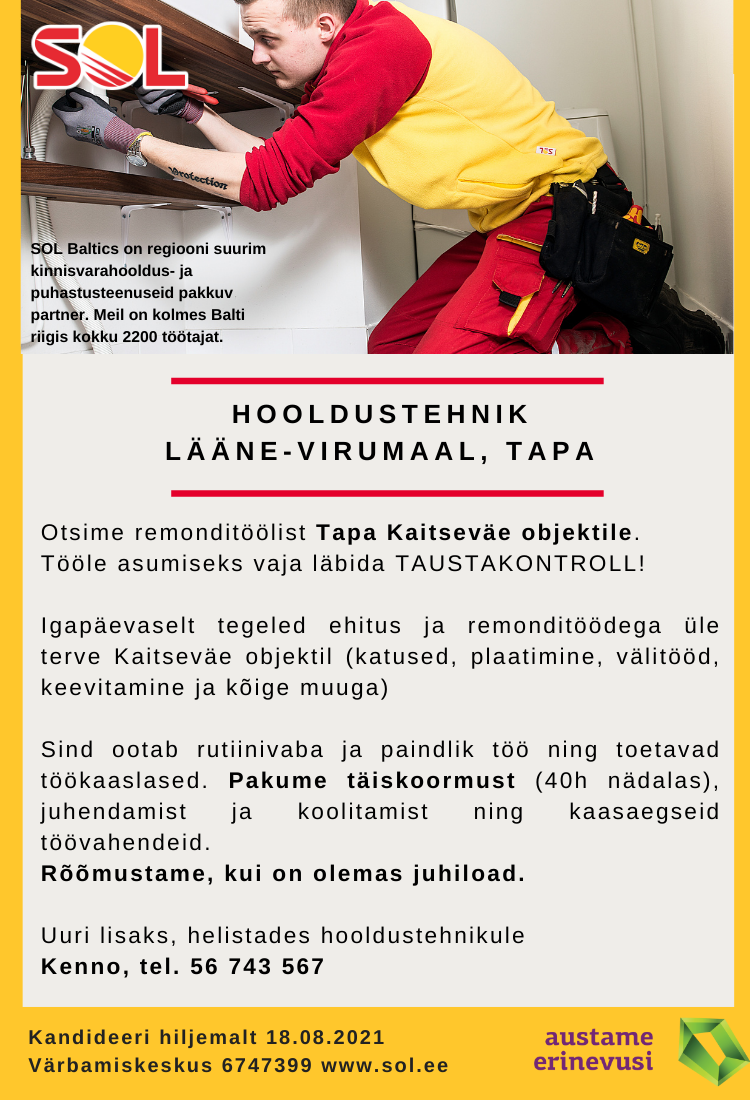 SOL Baltics OÜ Kaitseväe linnaku remondi ja hooldustehnik