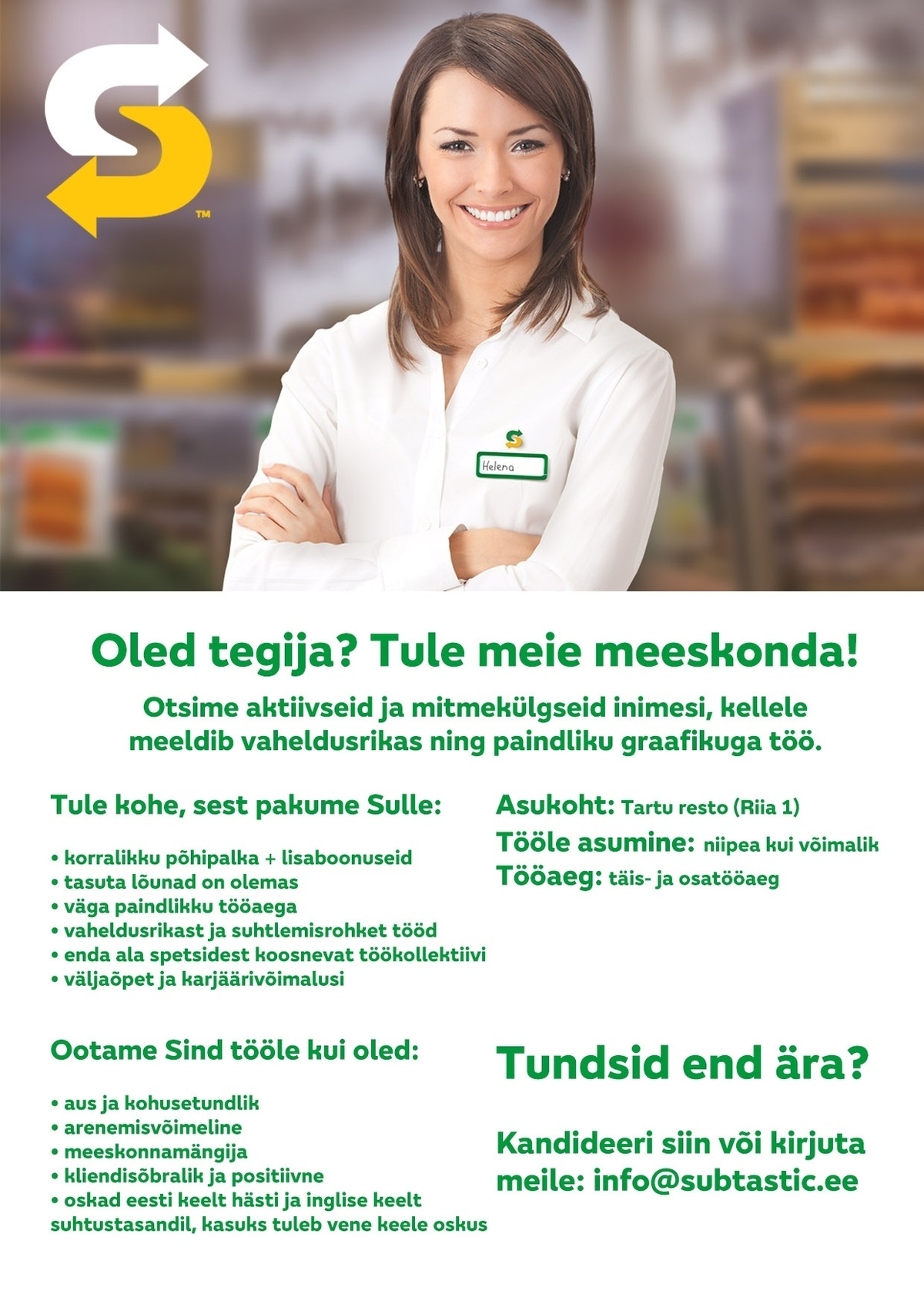 Subtastic OÜ Klienditeenindaja - Tartu Subway Resto